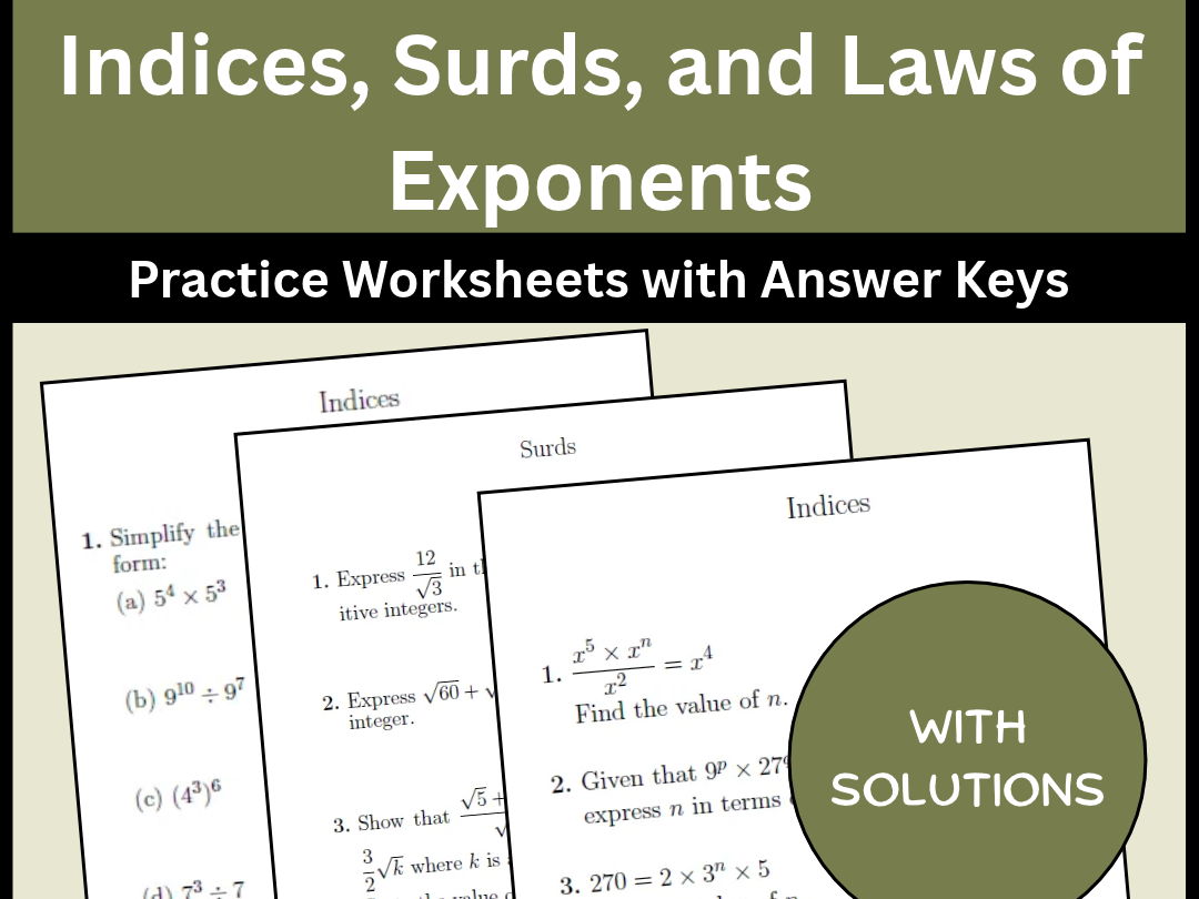 Indices, Surds, and Laws of Exponents Practice Worksheets with Answer Keys