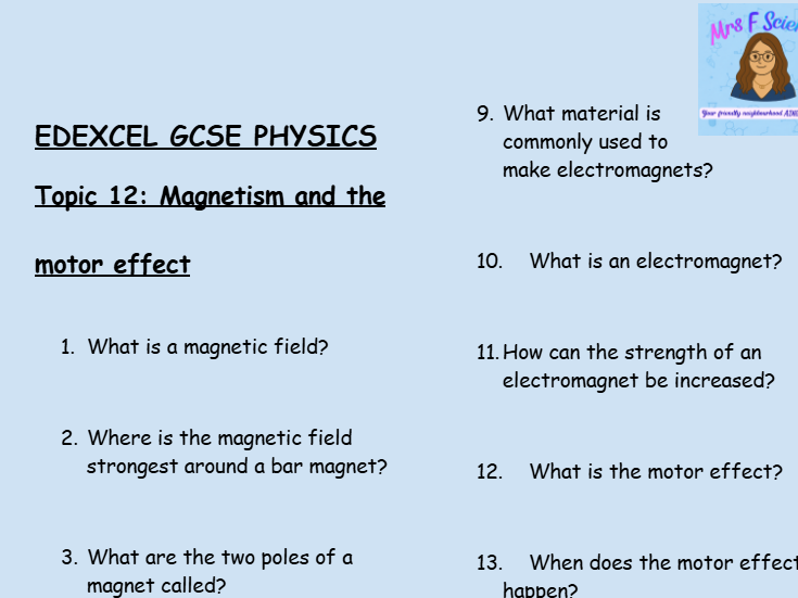 GCSE Edexcel Physics Topic 12: Magnetism and the Motor Effect Revision Worksheet