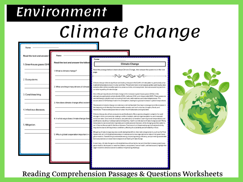 Climate Change Reading Comprehension Passages & Questions Worksheets