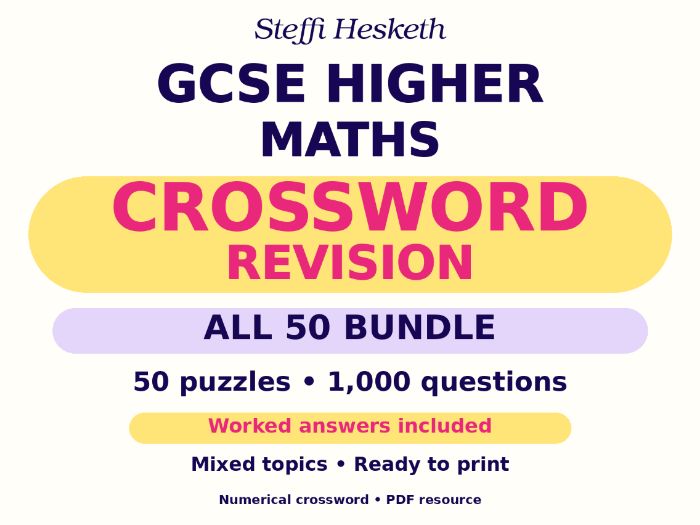 GCSE Higher Maths Crossword Revision Starters – All 50 Bundle
