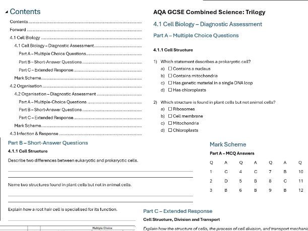 AQA Trilogy B1 Diagnostic Assessment
