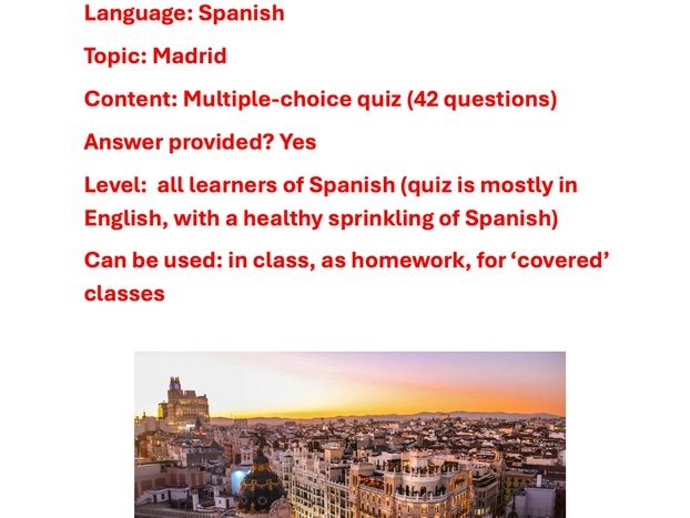 Madrid quiz (multiple-choice) for all learners of Spanish.