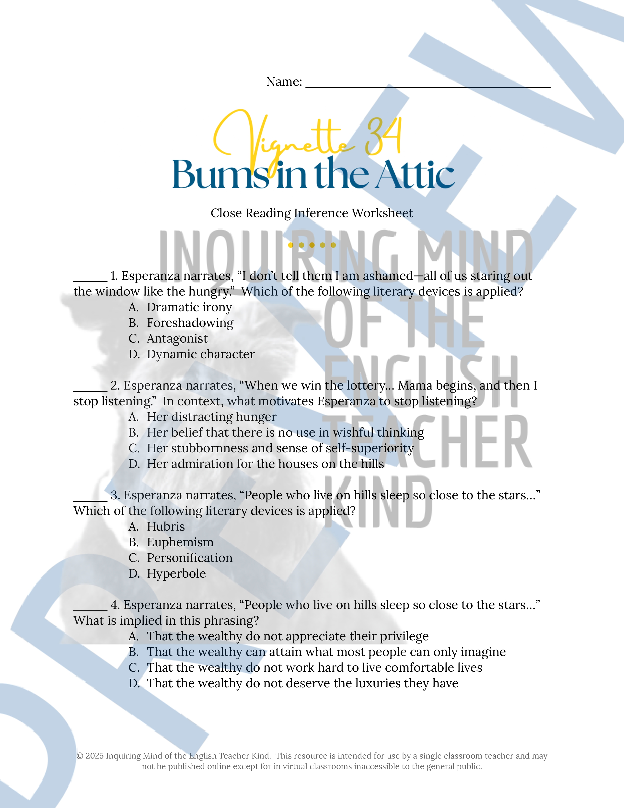 House on Mango Street Close Reading Analysis Worksheet | Bums in the ...