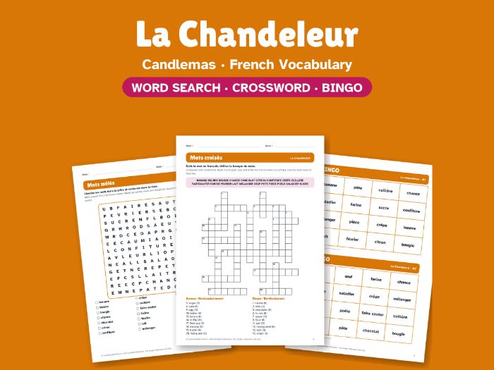 Candlemas in French: Word Search, Crossword & Bingo