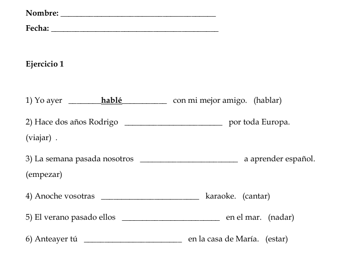 Spanish Simple Past Tense (Preterite) -AR, -ER, -IR Worksheets