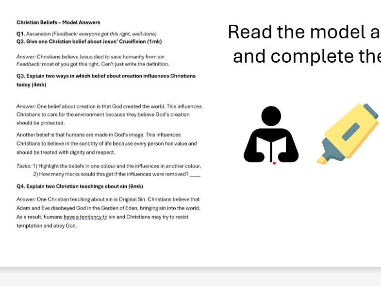 GCSE RE AQA – Christian Beliefs Assessment Feedback Lesson (Examiner Challenge + Model Answers)