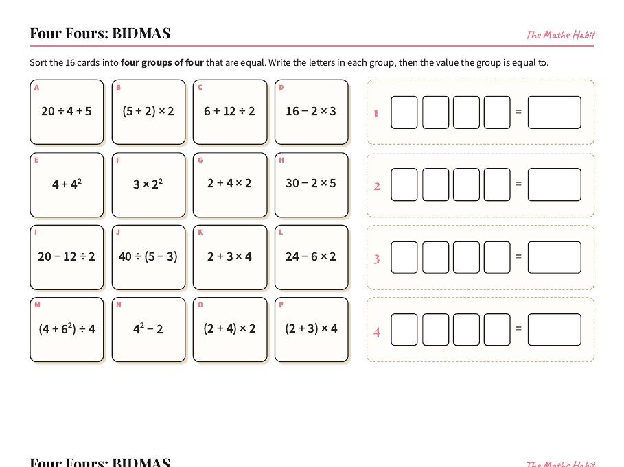BIDMAS Four Fours Order of Operations Puzzle