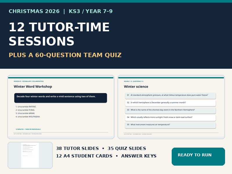Christmas 2026 KS3 Tutor Time Activities | 12 Sessions + 60 Question End of Term Quiz | Editable