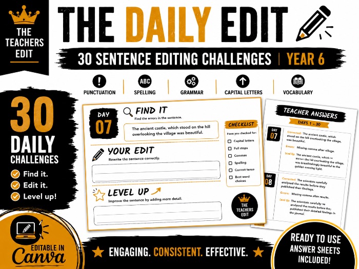 The Daily Edit | Year 6 SPaG | 30 Sentence Editing Challenges | Editable Canva