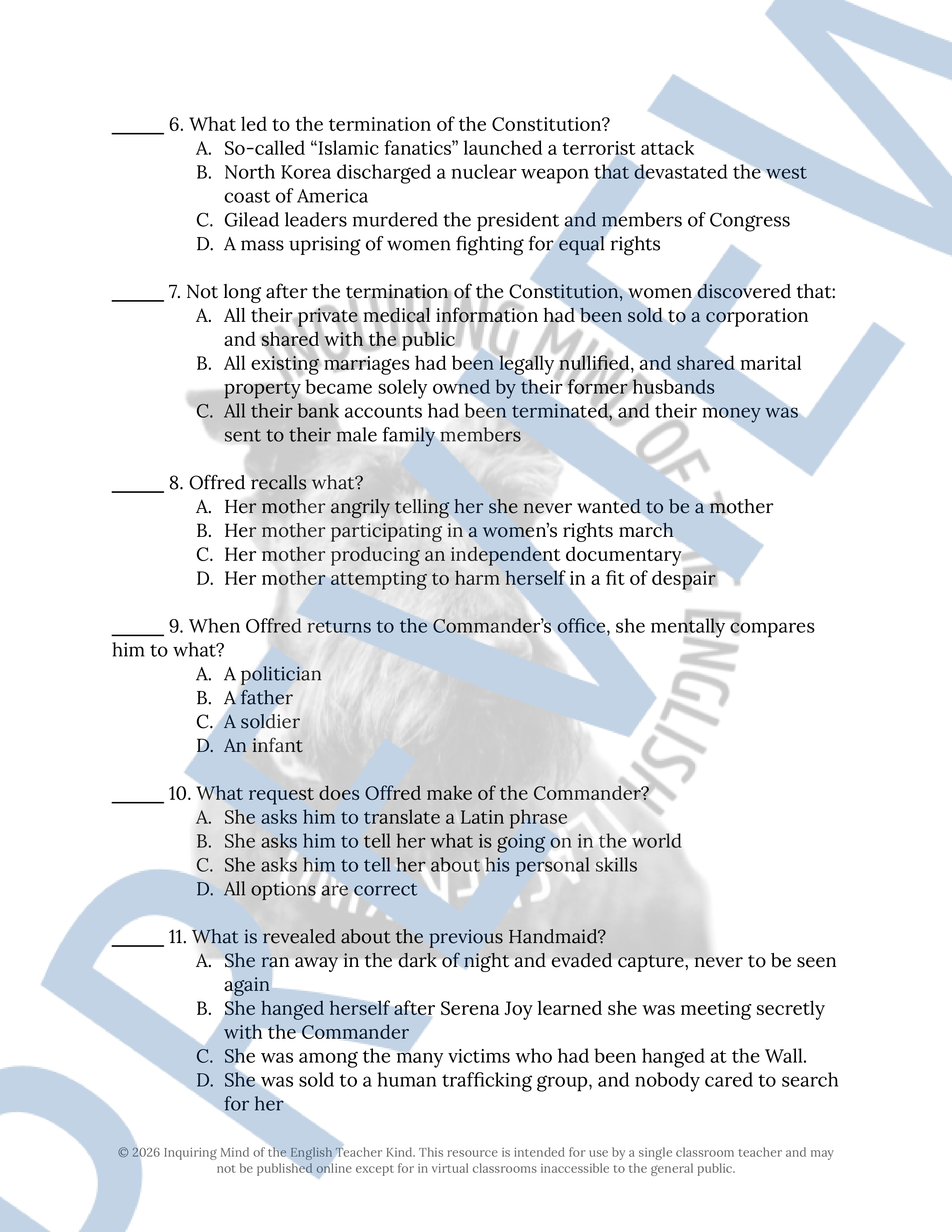 The Handmaid's Tale Chapters 28, 29, and 30 Quiz and Answer Key ...
