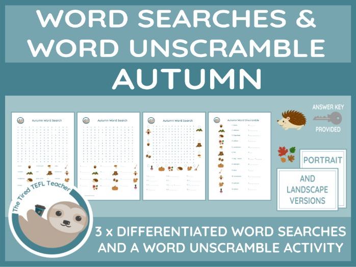 ESL Autumn Differentiated Word Searches and Word Unscramble