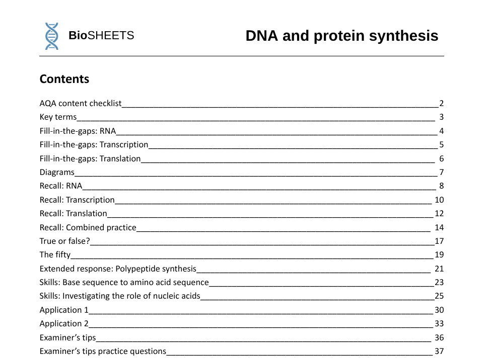 AQA A-Level Biology: 4.2 DNA and protein synthesis – BioSHEETS Complete Study & Practice Pack