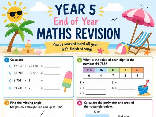 Year 5 End of Year Maths Revision Worksheet | Summer-Themed Maths Activity | KS2 Printable PDF