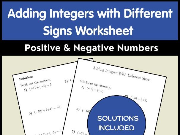 Adding Integers with Different Signs Worksheet | Positive & Negative Numbers