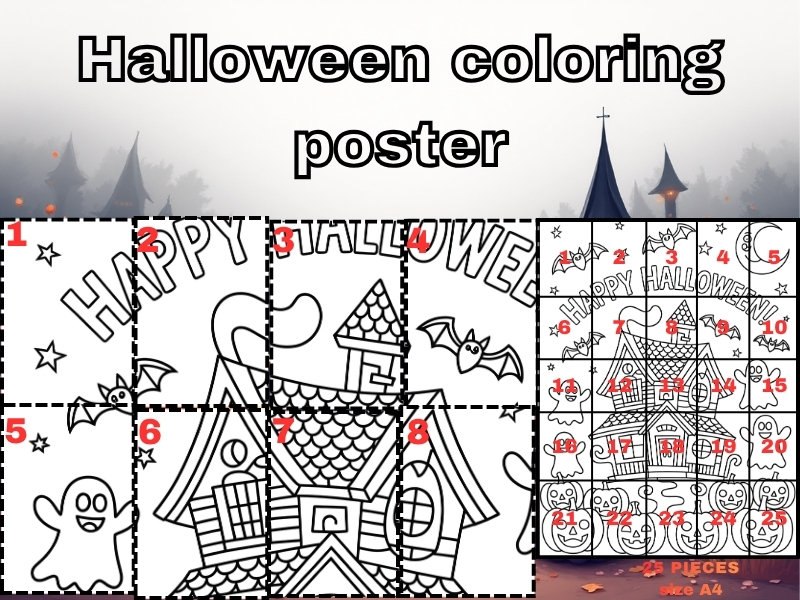 Halloween Collaborative Coloring Poster – Haunted House Classroom Team Activity (25 Pages Printable