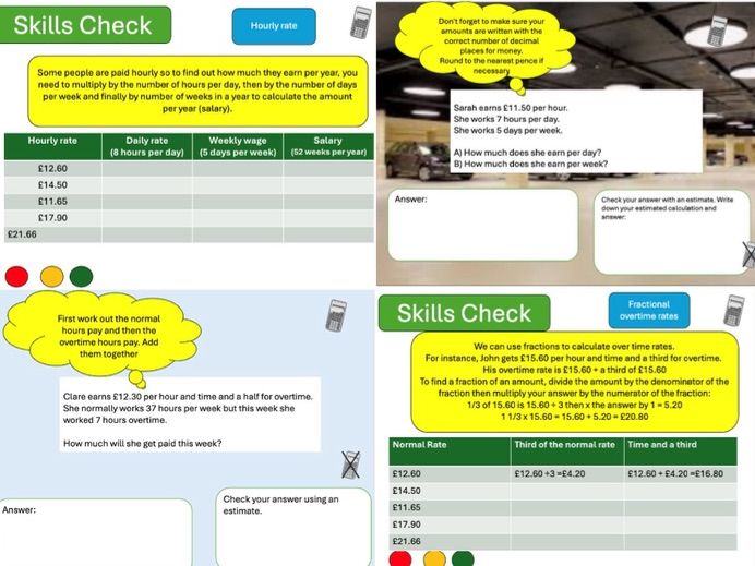 Wages calculations Maths FS2  complete lesson powerpoint and workbook