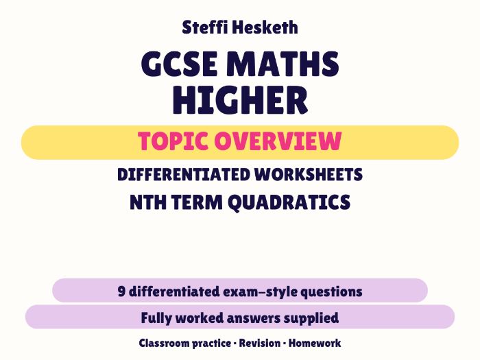 GCSE Higher nth Term Quadratics | Topic Overview Differentiated Worksheet