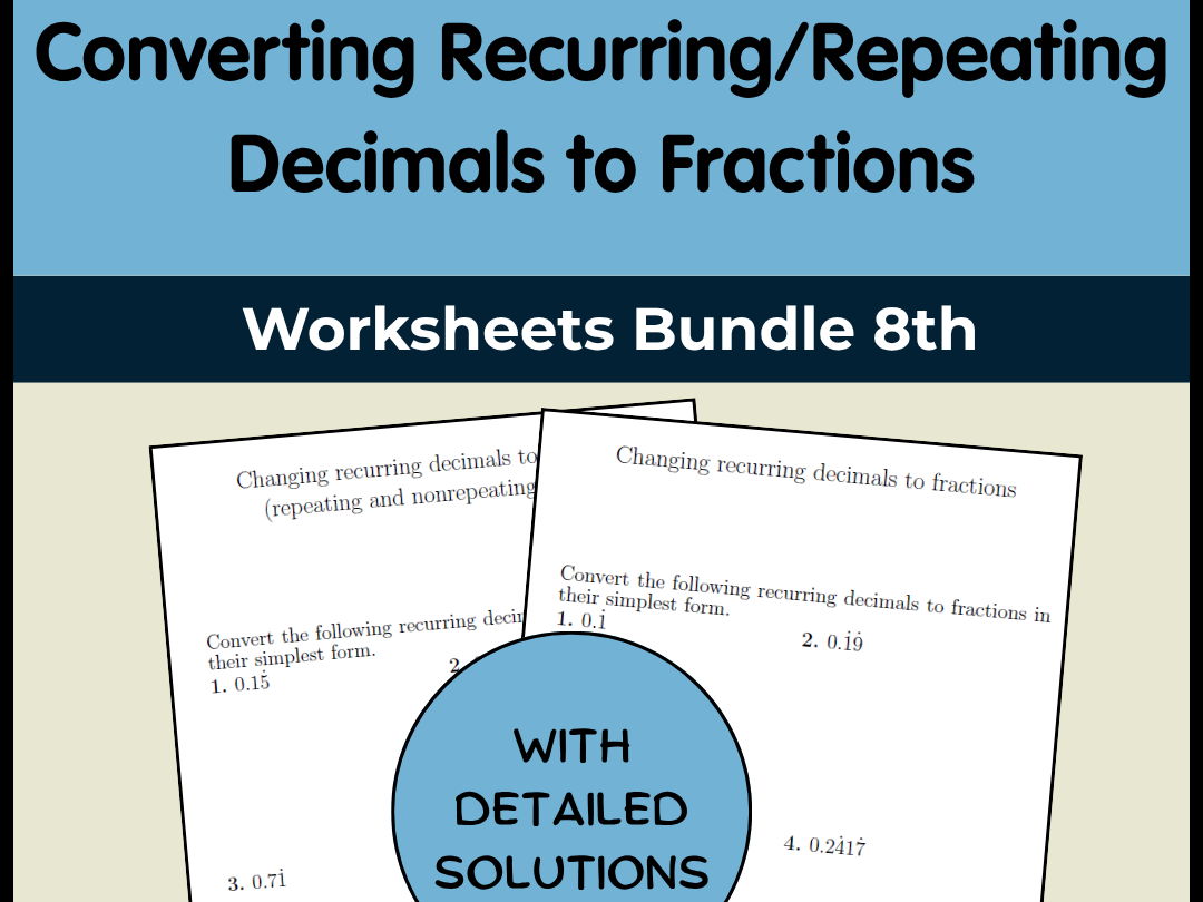 Converting Recurring/Repeating Decimals to Fractions Worksheets Bundle | 8th