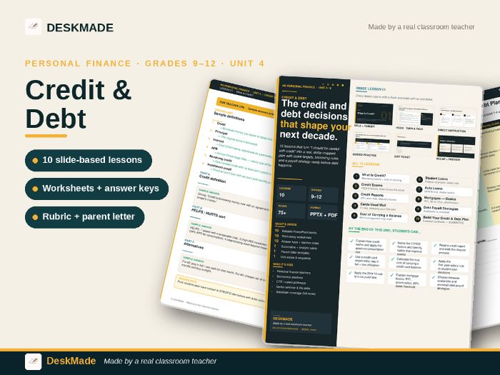 High School Personal Finance Unit 4 | Credit & Debt | 10 Lessons + Rubric