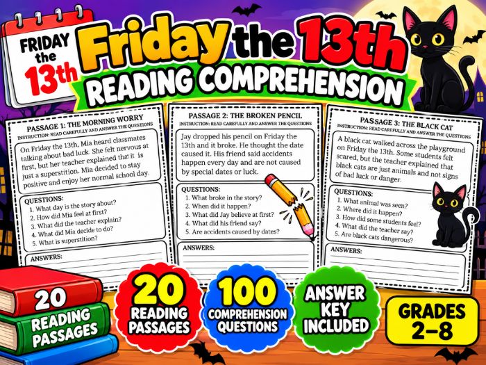 Friday the 13th Reading Comprehension Passages | 20 Worksheets with Answer Key