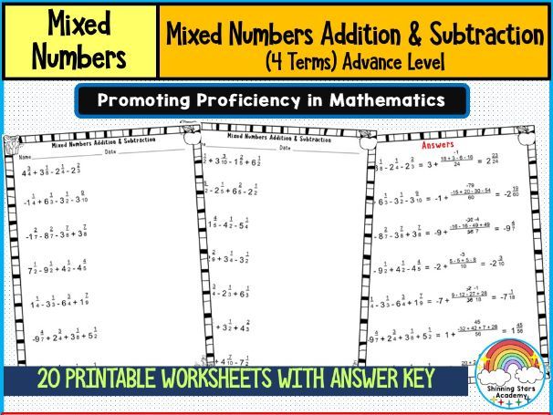 Mixed Numbers Addition and Subtraction (4 Terms) Advanced Level Worksheets Complex Fraction Operatio