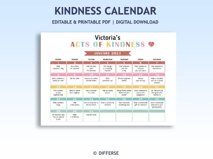 Acts of Kindness Calendar | Kids Activities | Good Behavior Calendar | Be Kind