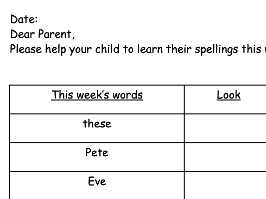 Year 1 spelling list for e-e