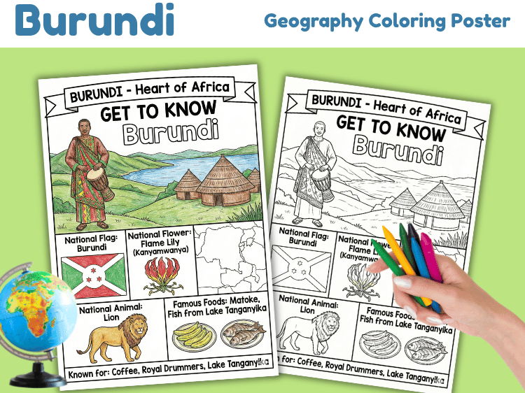 Burundi Geography Coloring Poster | Country Facts & Map Activity