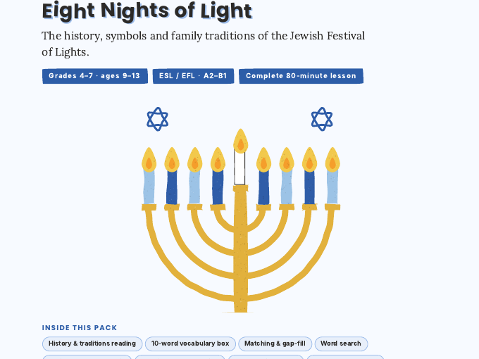 Hanukkah ESL Lesson | Reading, Dreidel Game & Welcome Card | Grades 4-7
