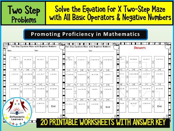 Two-Step Maze - Solve the Equation for X  Worksheets with All Basic Operators & Negative Numbers Mat
