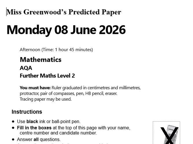 Further Maths AQA Level 2 Predicted Paper 2026 Paper 1 Non-Calculator