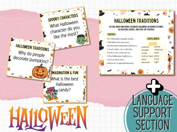 Halloween Speaking Activities – ESL Conversation Cards with Sentence Starters & Vocabulary Support