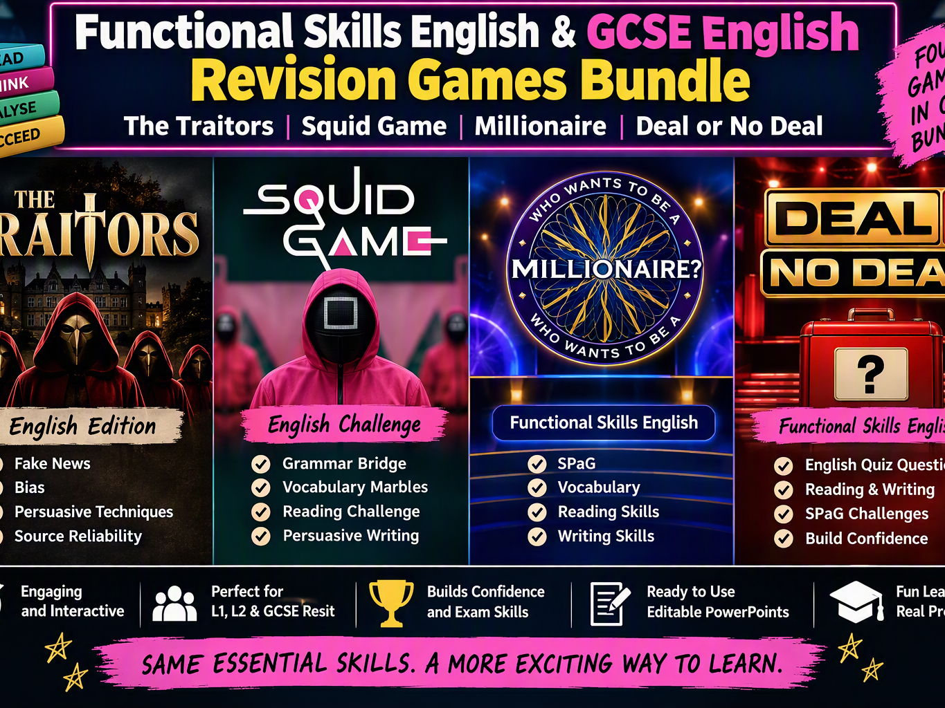 Functional Skills English & GCSE English Revision Games Bundle | The Traitors, Squid Game, Millionaire & Deal or No Deal
