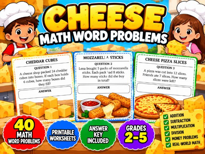 Cheese Day Math Word Problems | 40 Printable Worksheets with Answer Key