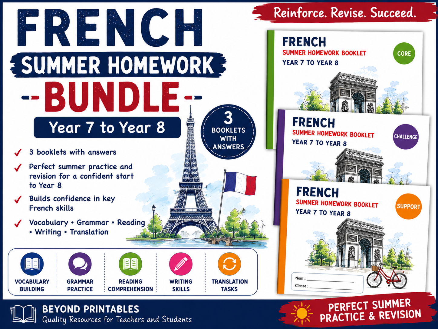 French Summer Homework Year 7 to Year 8 Complete Bundle | Support, Core & Challenge | With Answers