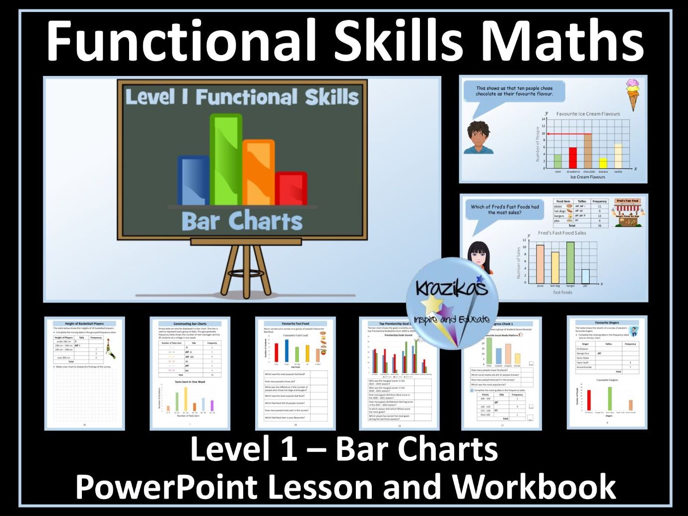 Bar Charts - Statistics - Level 1 Functional Skills Maths - PowerPoint Lesson and Workbook