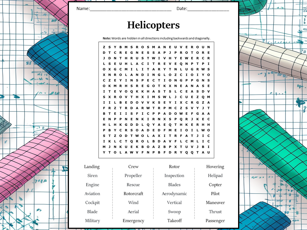 Helicopters Word Search Puzzle Worksheet Activity