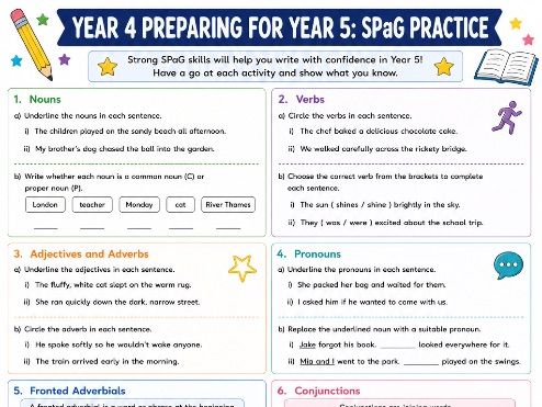 Year 4 to Year 5 SPaG Worksheet | Grammar, Punctuation & Spelling Revision | End of Year English