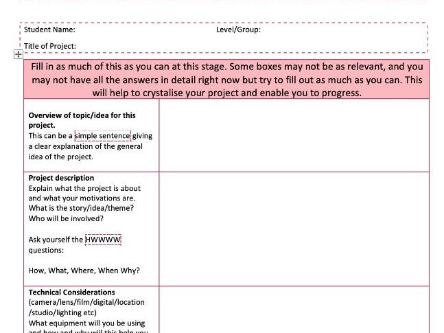 Project Proposal Template for Photography projects great worksheet.