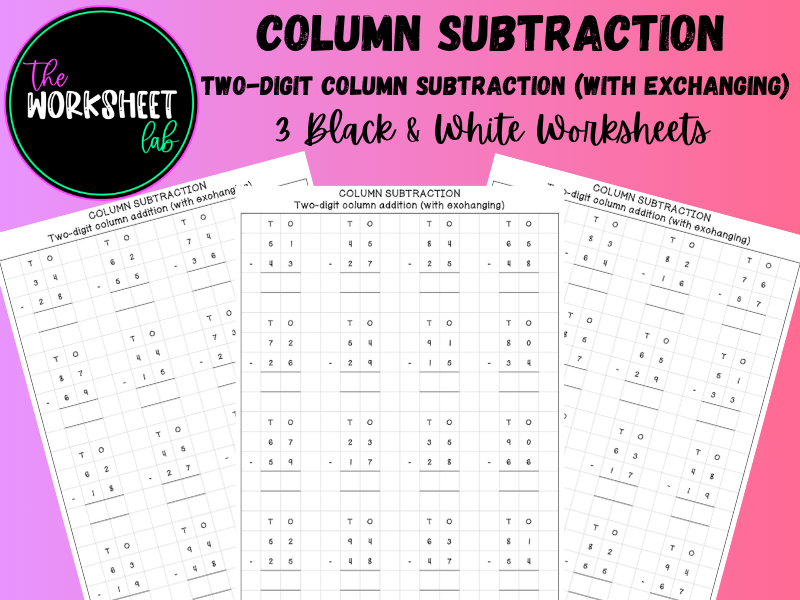 Two-Digit Column Subtraction on Squared Paper (With Exchanging) Worksheets in Black & White