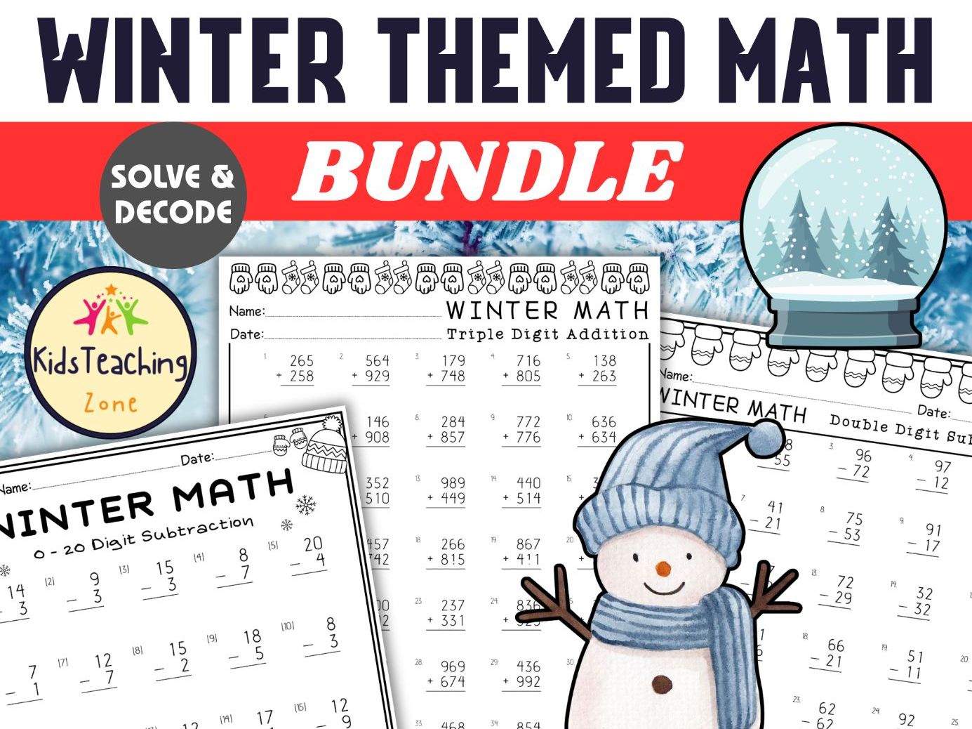 Winter Themed Math Addition and Subtraction with & without Regrouping Bundle