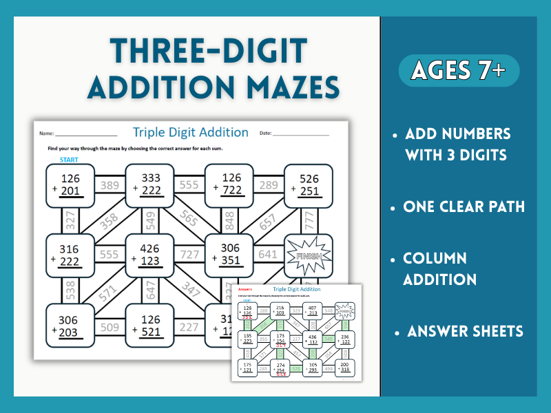 Three-Digit Addition Maze (with and without regrouping)