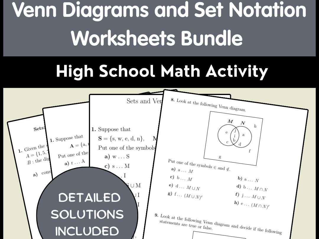 Venn Diagrams and Set Notation Worksheets Bundle | High School Math Activity