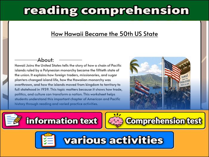 How Hawaii Became the 50th US State - reading comprehension & Activities