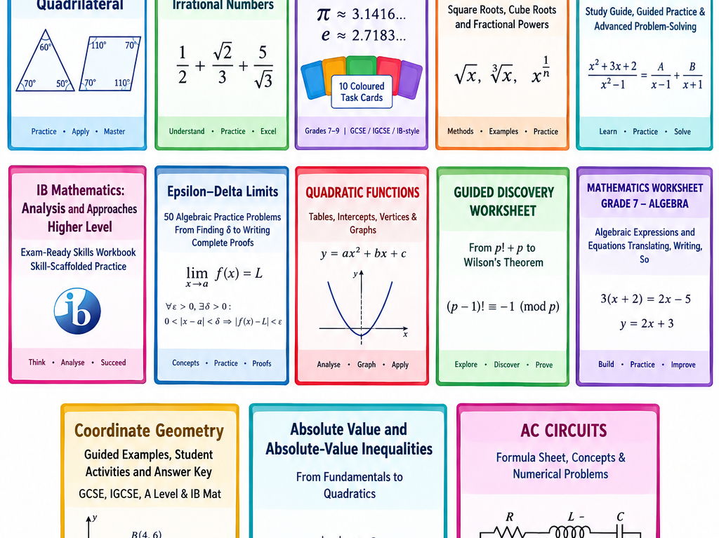 **Ultimate Mathematics Worksheet Bundle | 15 Worksheets | Grades 7–12 | GCSE, IGCSE, IB, AS & A Level | Algebra, Geometry, Calculus & Physics**