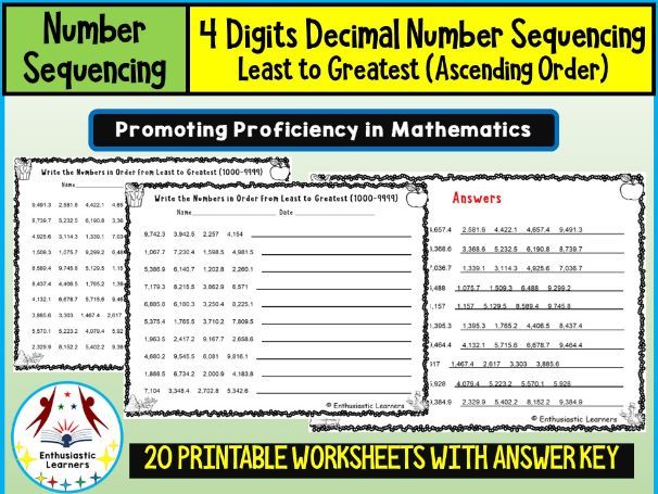 4-Digits Decimal Number Sequencing (1000-9999) Least to Greatest (Ascending Order) – Worksheet Pract