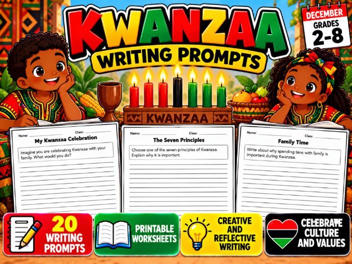 Kwanzaa Writing Prompts | 20 Printable Worksheets | Grades 2–8