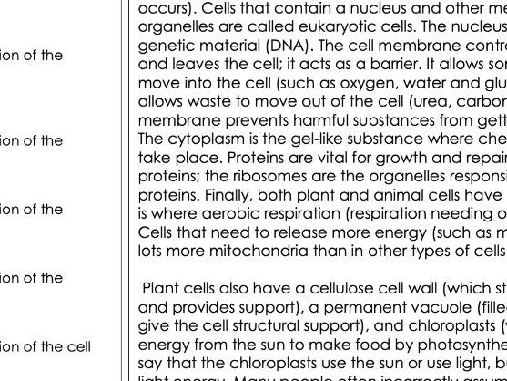 Animal and plant cells Literacy task