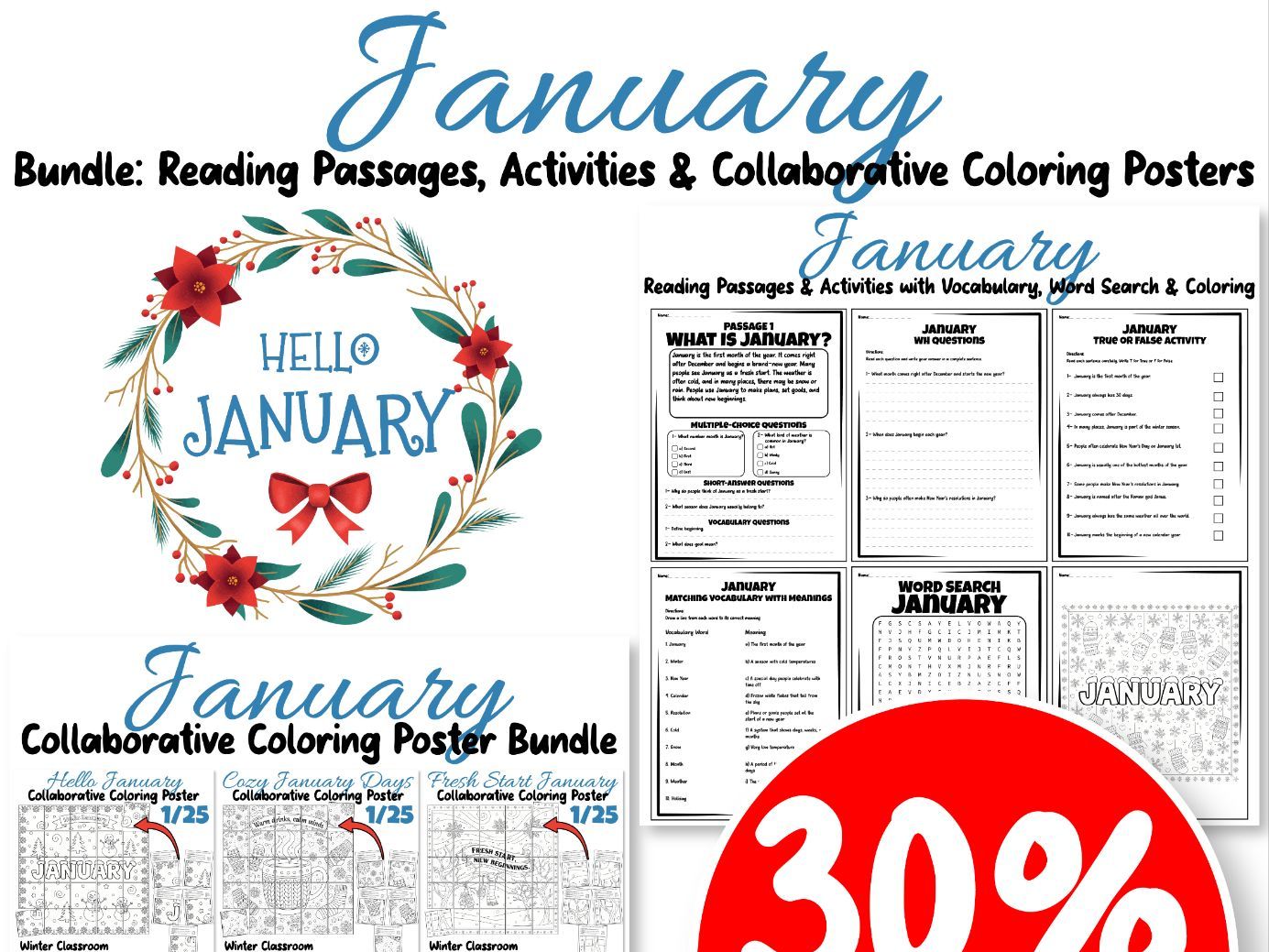 January Bundle: Reading Passages, Activities & Collaborative Coloring Posters