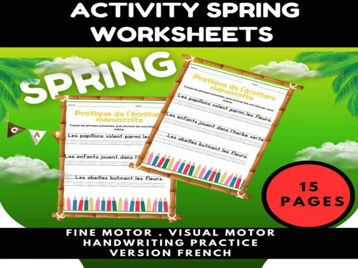 Activity Spring Worksheets:Sentence Handwriting Practice | Tracing and Writing in French